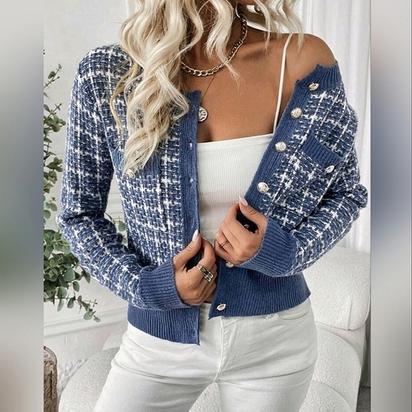 New Chic Plaid Tweed Knit Cardigan Sweater Blue White - Picture 4 of 8